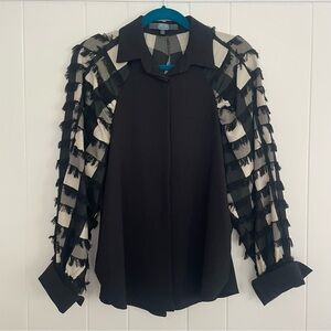 Eva Franco Check Sleeve Fringe Blouse